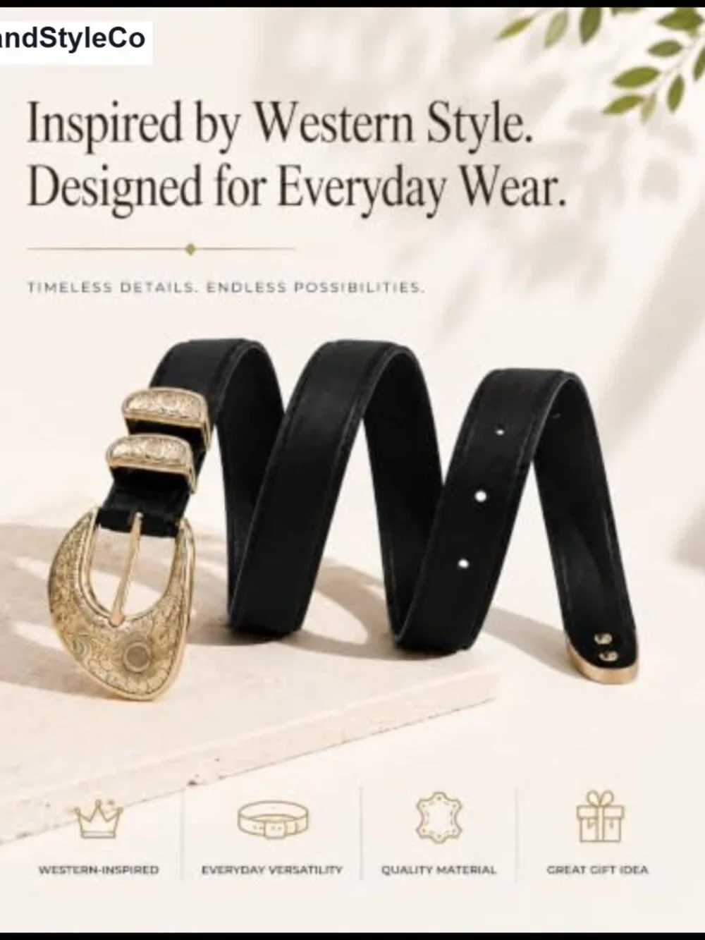 Women's Faux Leather Belt with Floral Engraved Gold Buckle